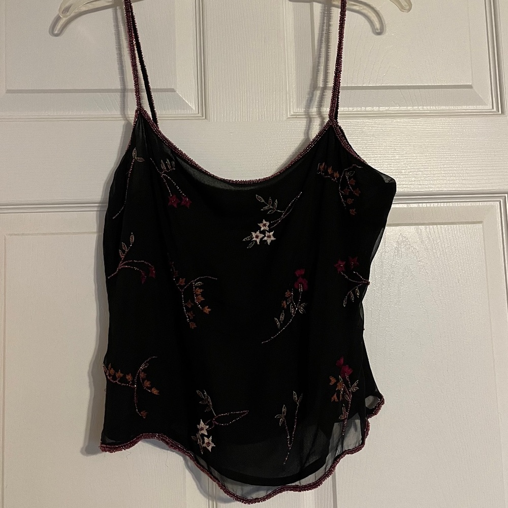 Black silk georgette cami with beaded embroidery. Vintage Anthropologie. Size 12